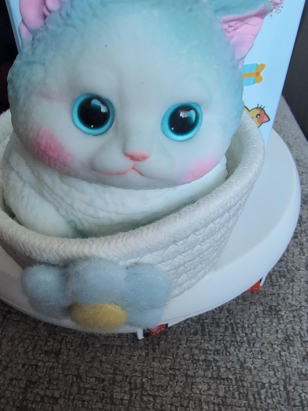 Realistic Jumbo Squishy Blue-White Cat Toy In Basket